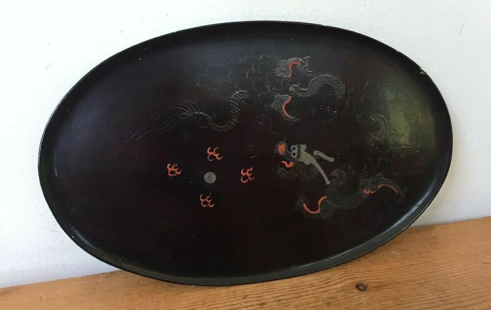 Vtg Chinese Lacquerware Ching Kee Ware Foochow Dragon Oval Lacquer Tray Platter